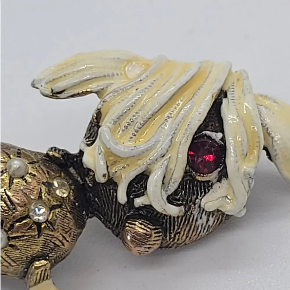 Signed WEISS Shaggy Dog Brooch Gold Tone Enamel Pearl Mid Century Whimsical